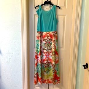 Stunning light green and colorful print dress. Size 14